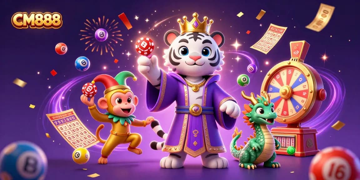 Experience excitement at CM888 with casino-themed characters and dynamic game elements in 3D illustration.