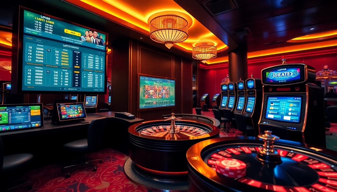 Experience the thrill of online gambling at loto188.gb.net with a vibrant casino scene showcasing poker chips and a roulette wheel.