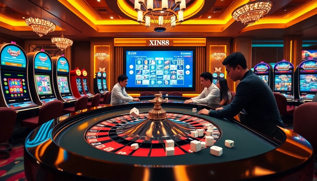 Cổng Game XIN88 features players eagerly betting at a roulette table in a luxurious casino.