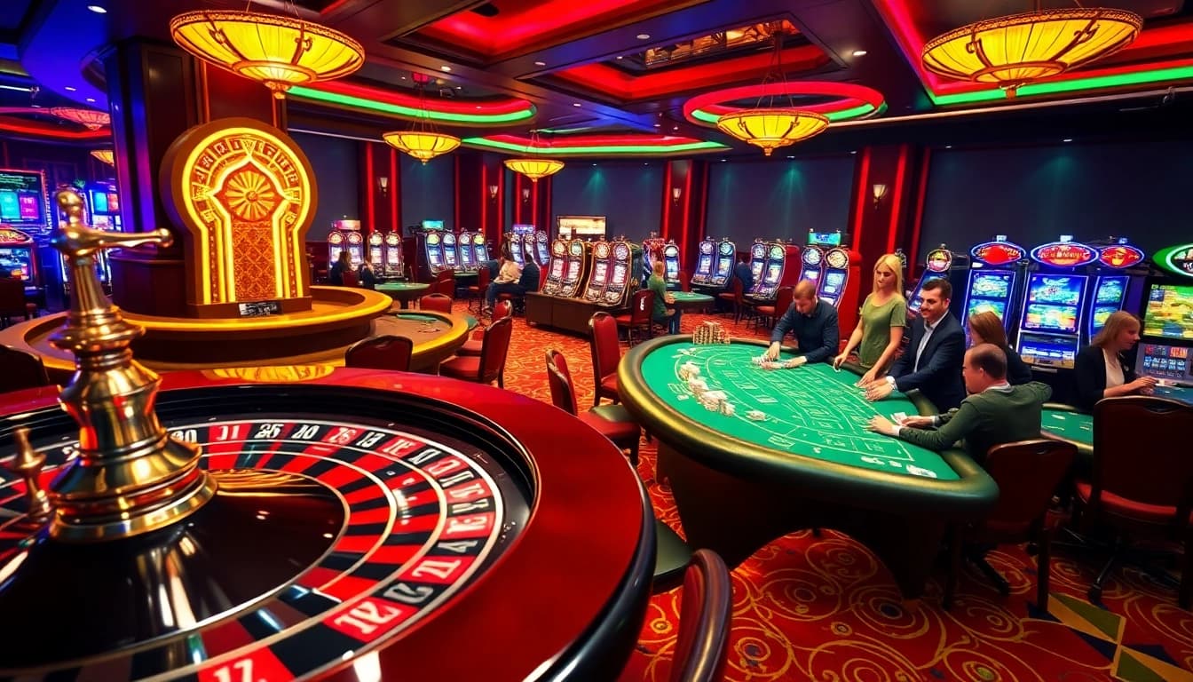 Winning players at a vibrant casino showcasing https://rr88c.org/ with roulette, poker, and slots.