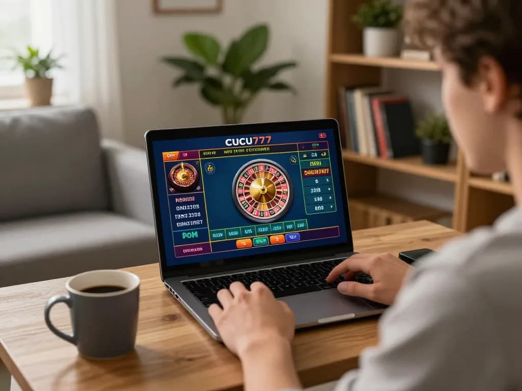Experience the excitement of online gambling with CUCU777's live dealer games on a laptop, showcasing strategic betting in a cozy home setting.