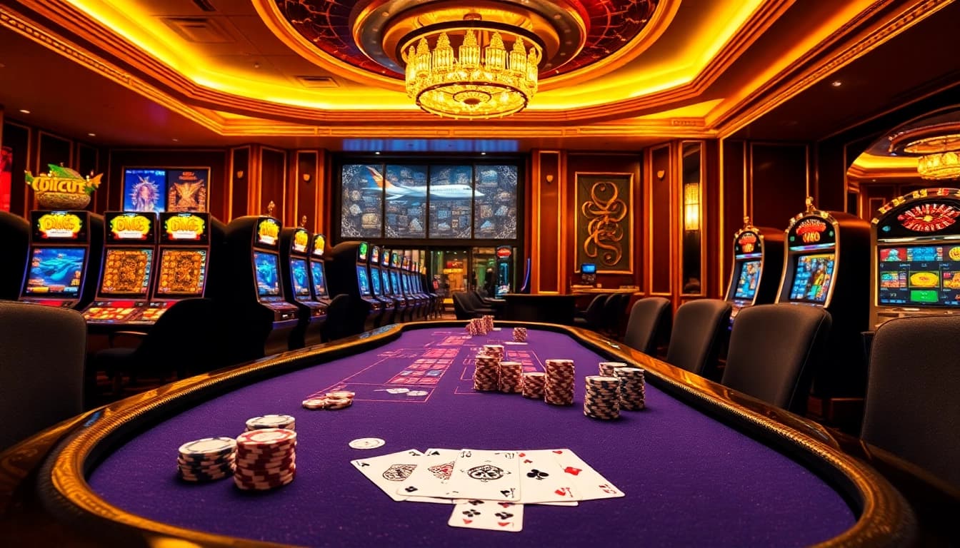 Players strategize at a luxurious poker table in a vibrant casino featuring dh88 elements.