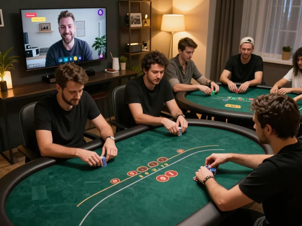 Players engaged in strategic betting during an online gamebaidoithuong8 poker session in a cozy home setting