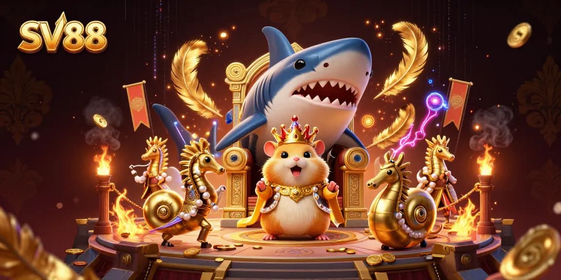 Experience exciting gameplay with SV88 at a dynamic casino adventure with a golden hamster king and royal guards.