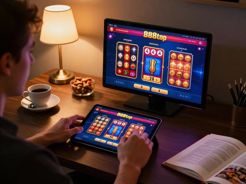 Player engaging with the 888top casino app on a tablet, reflecting responsible gaming