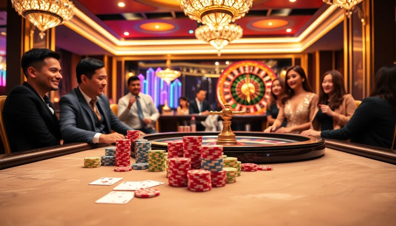 Players enjoying thrilling table games at the GO88 casino, showcasing luxury and excitement.
