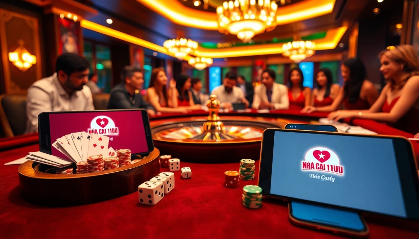 Exciting gaming scene with Nhà Cái 11uu branding, highlighting a vibrant casino atmosphere with poker chips and roulette.