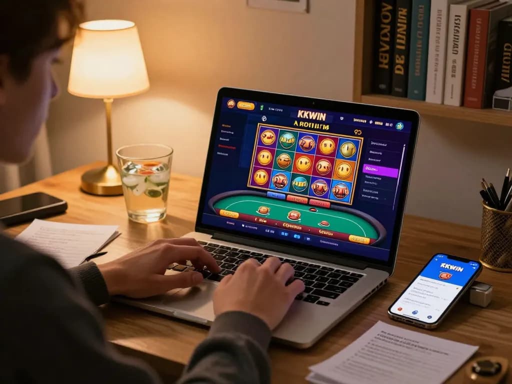 Engaged user interacting with KKWIN trang chủ gaming app on laptop for an immersive online experience.
