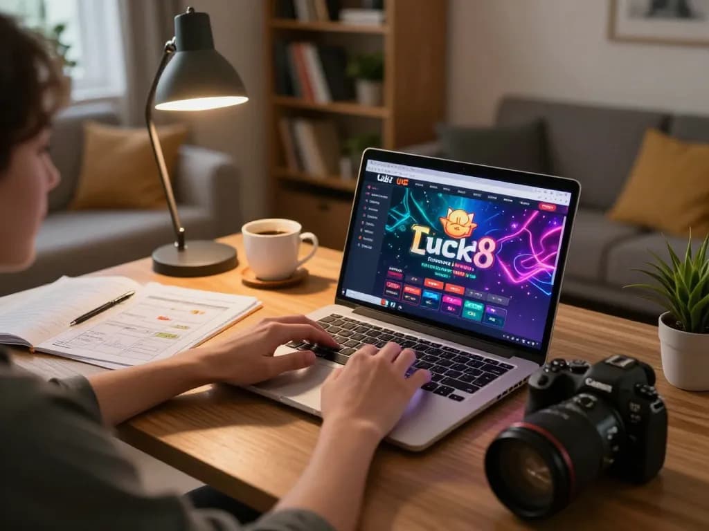 Engaging user exploring the luck8 trang chủ online casino platform, showcasing interactive gameplay on a laptop in a warm home environment.