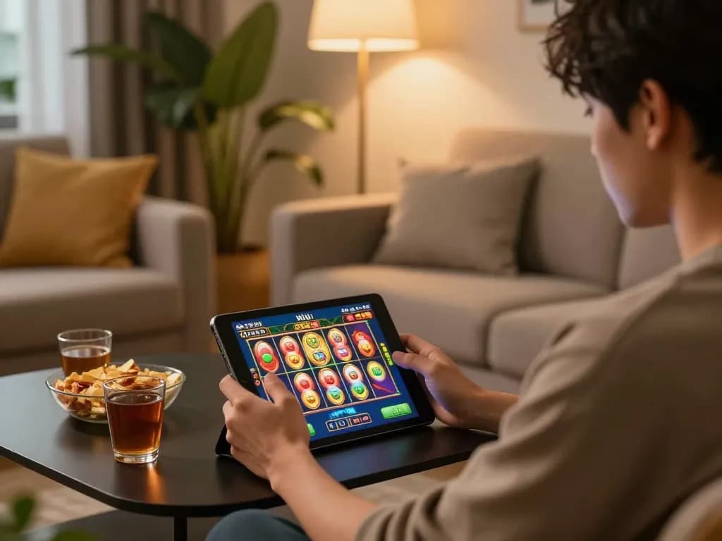 Nổ hũ gameplay on tablet in stylish home setting, capturing excitement and gaming atmosphere.