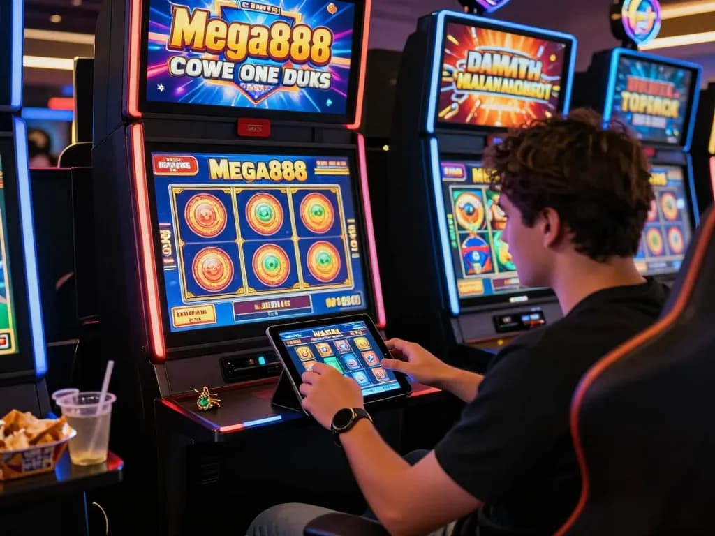 Player enjoying the immersive Mega888 gaming experience on tablet with vibrant graphics.