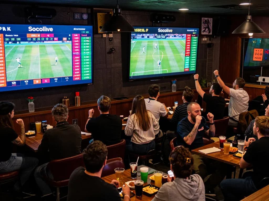 Fans cheering and placing bets on the Socolive platform during a lively sports event