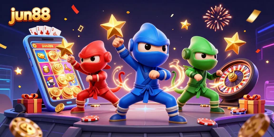 Experience exciting gameplay with jun88's ninja chameleon team in a colorful slot gaming scene.