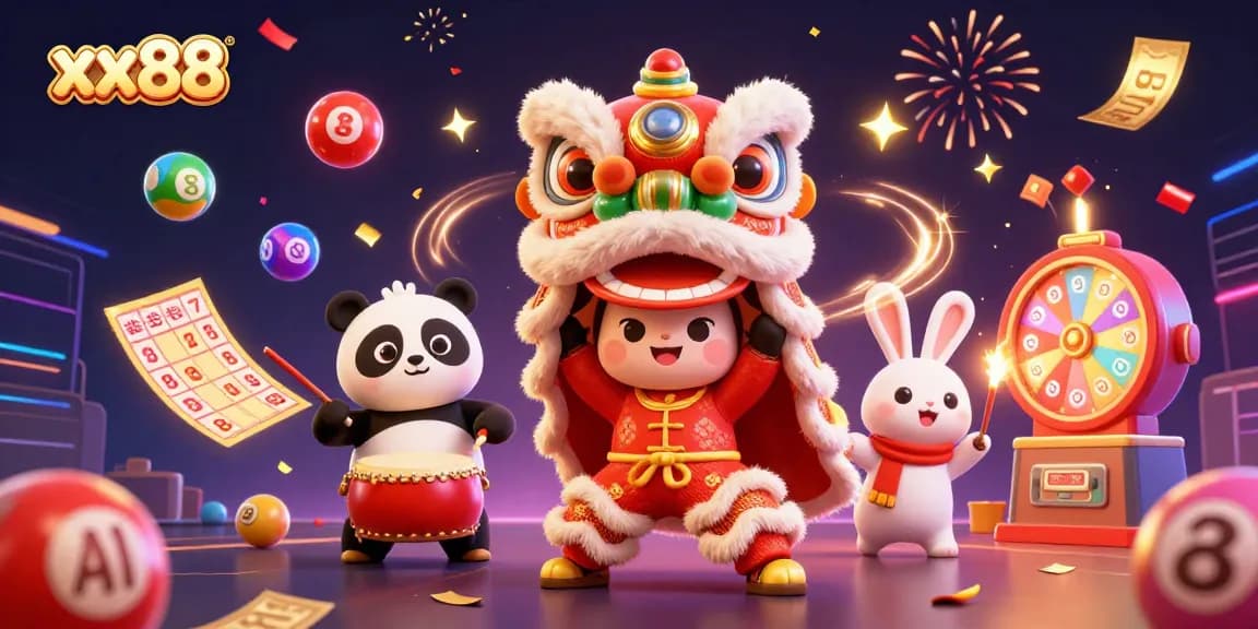 Engage with xx88's vibrant, animated casino experience featuring a lion dance and thrilling game elements.