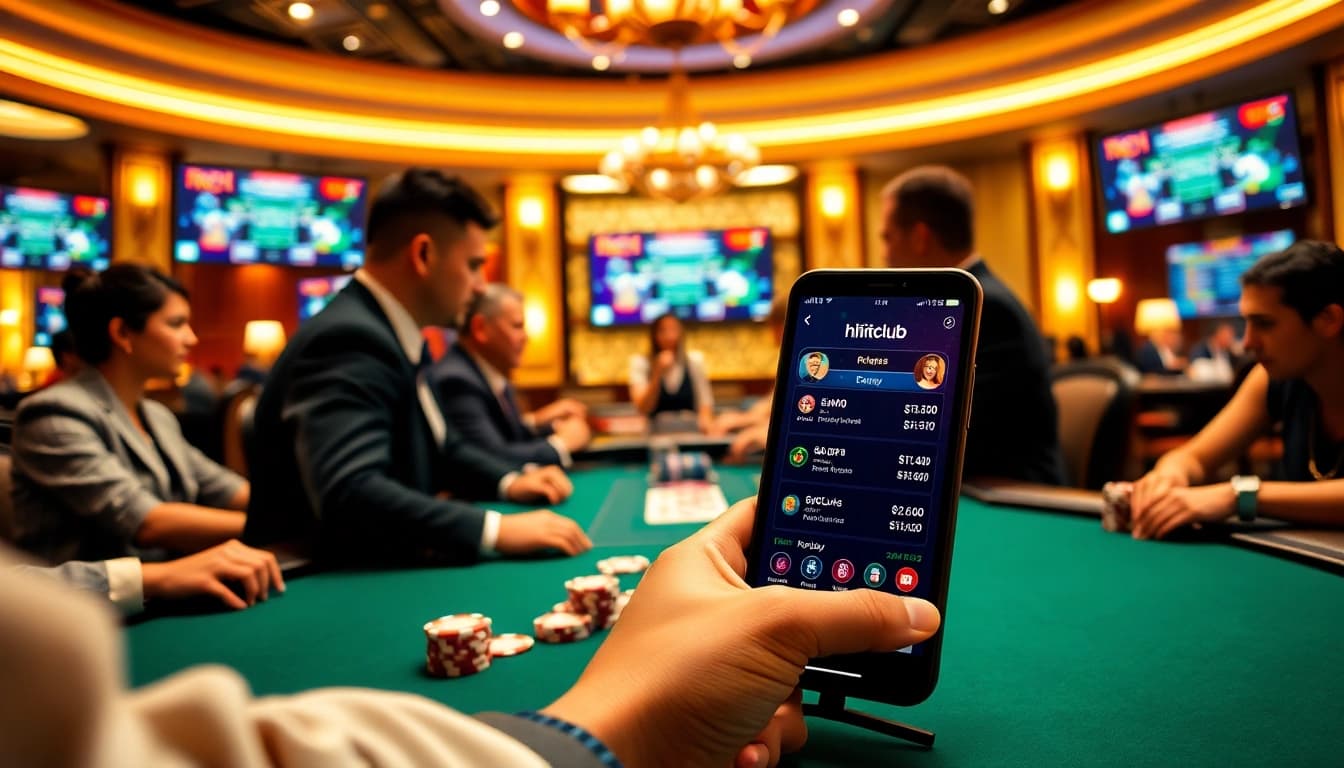 Tải hitclub app displayed on a smartphone among an exciting poker game scene in a luxurious casino.