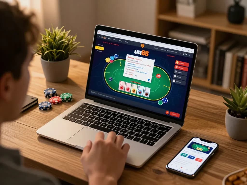 Engaged player using uu88 to strategize while enjoying a cozy home gambling experience.