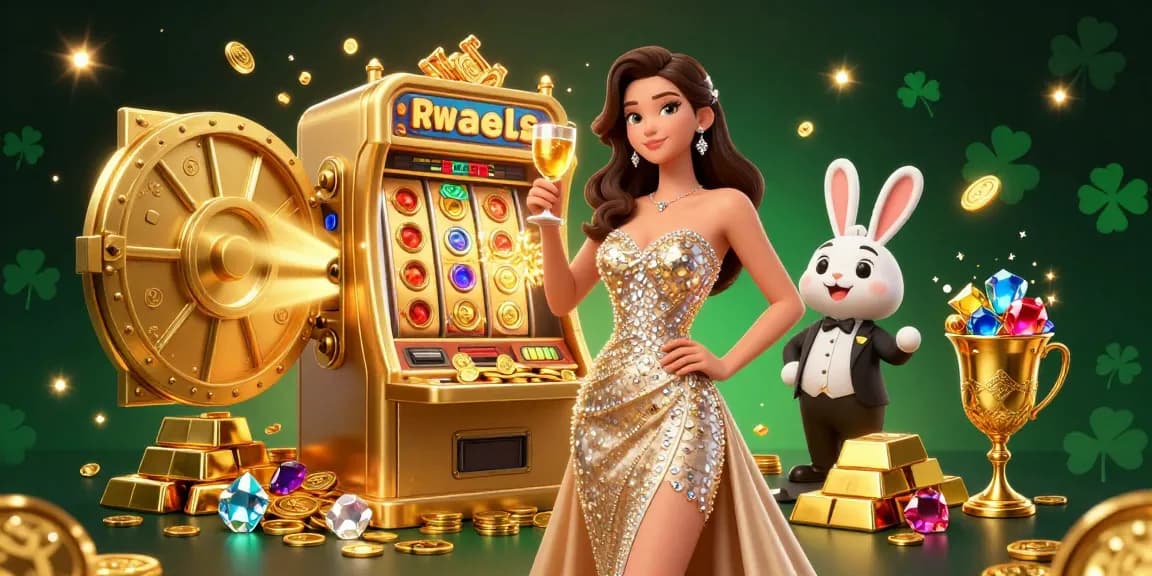 S666 players celebrate winning at a luxurious casino with dazzling slot machines and gold coins.