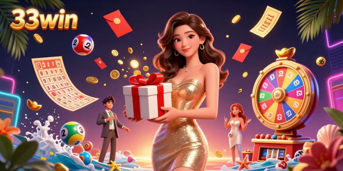 Experience the thrill of 33win with golden rewards and vibrant casino elements in lively digital art.