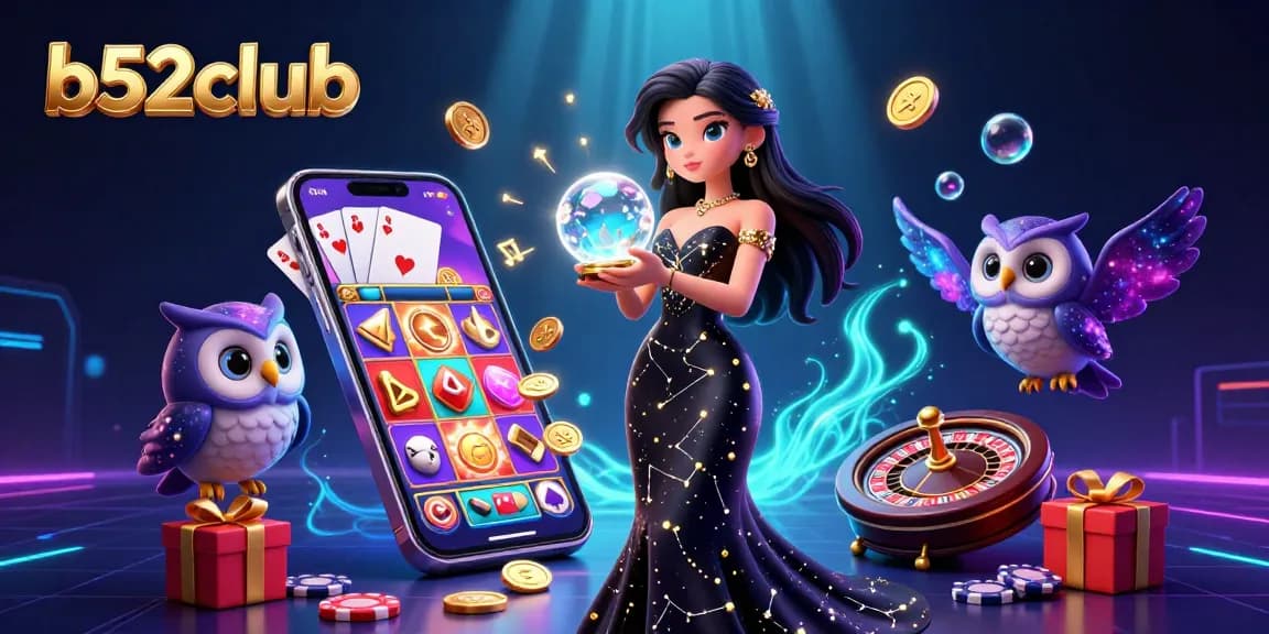 Engage with the b52club slots experience featuring a mystical casino scene with vibrant game elements.