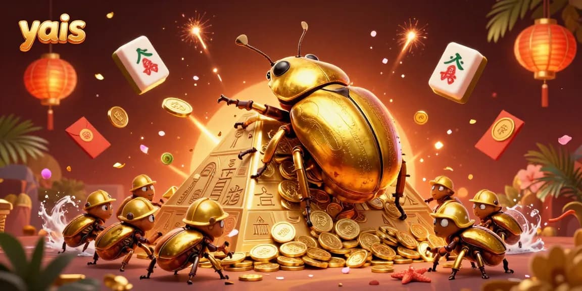 Engage with yais through a vibrant 3D casino scene showcasing golden beetles and colorful symbols.