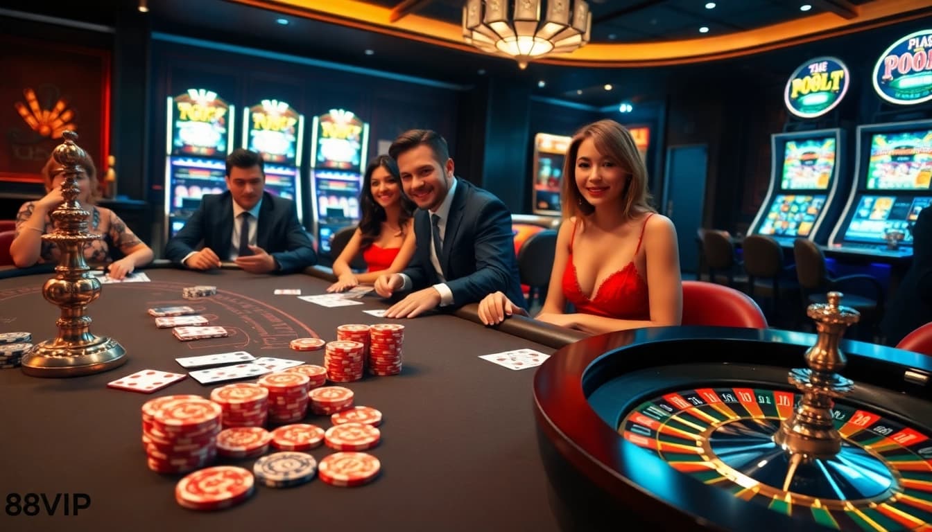 Players enjoying a thrilling game at 68VIP with vibrant casino elements and luxurious ambiance.