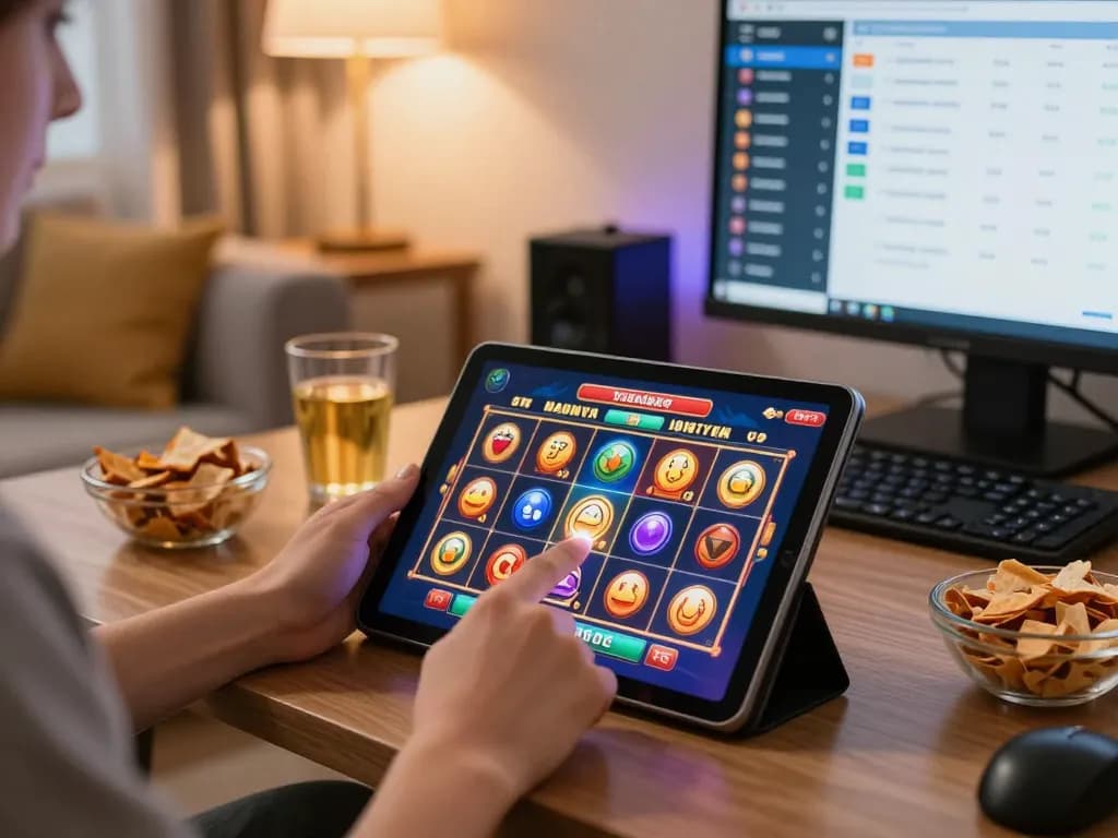 Engaging gameplay experience at RR99 BET showcasing an excited player spinning slot game reels at home.