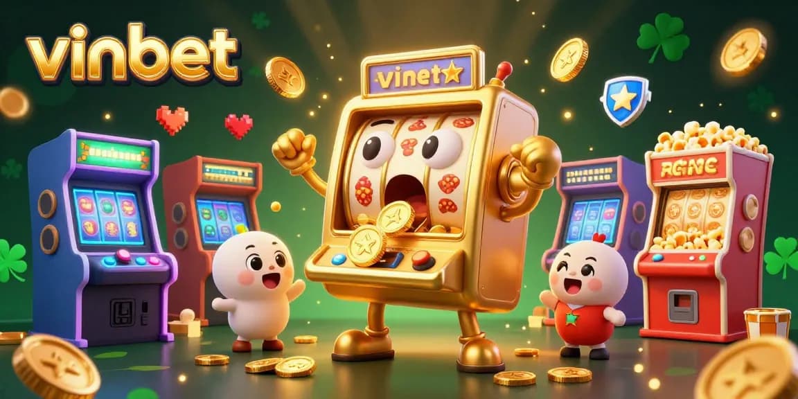 A vibrant casino scene with the vinbet golden slot machine celebrating a jackpot, surrounded by cheering machines and arcade game elements.