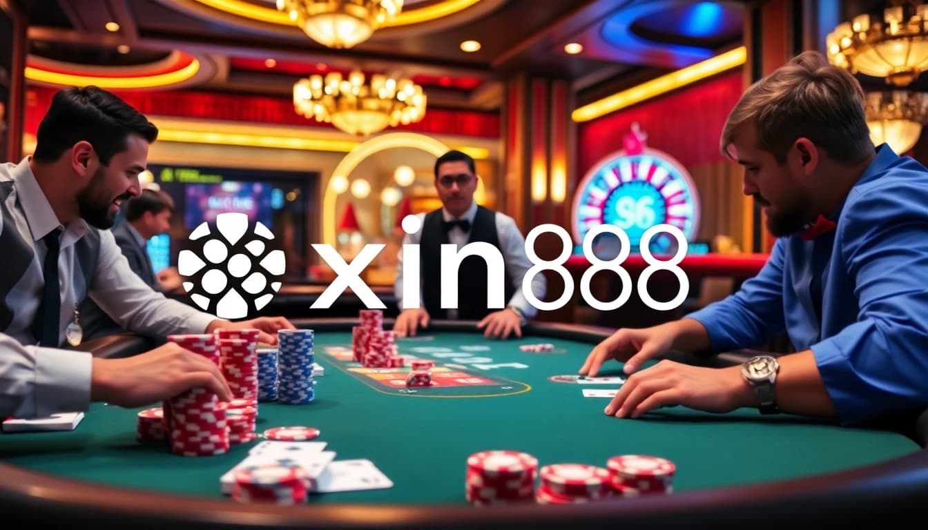 Experience thrilling poker action at xin88 with vibrant cards, chips, and an elegant casino ambiance.
