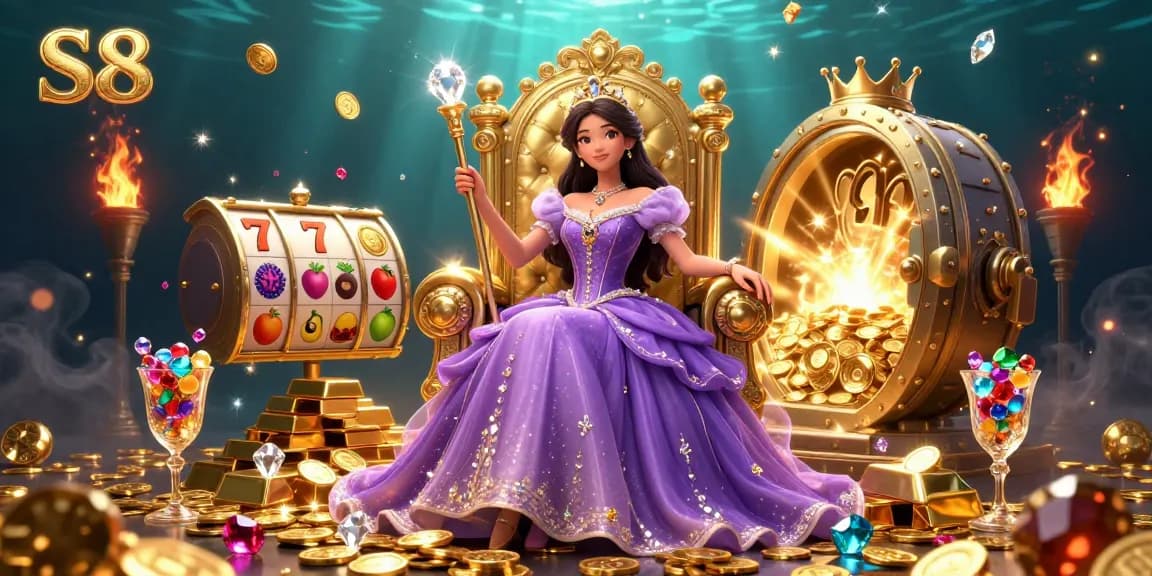 Experience the thrill of S8 with vibrant slot reels and royal symbols in a captivating casino scene.