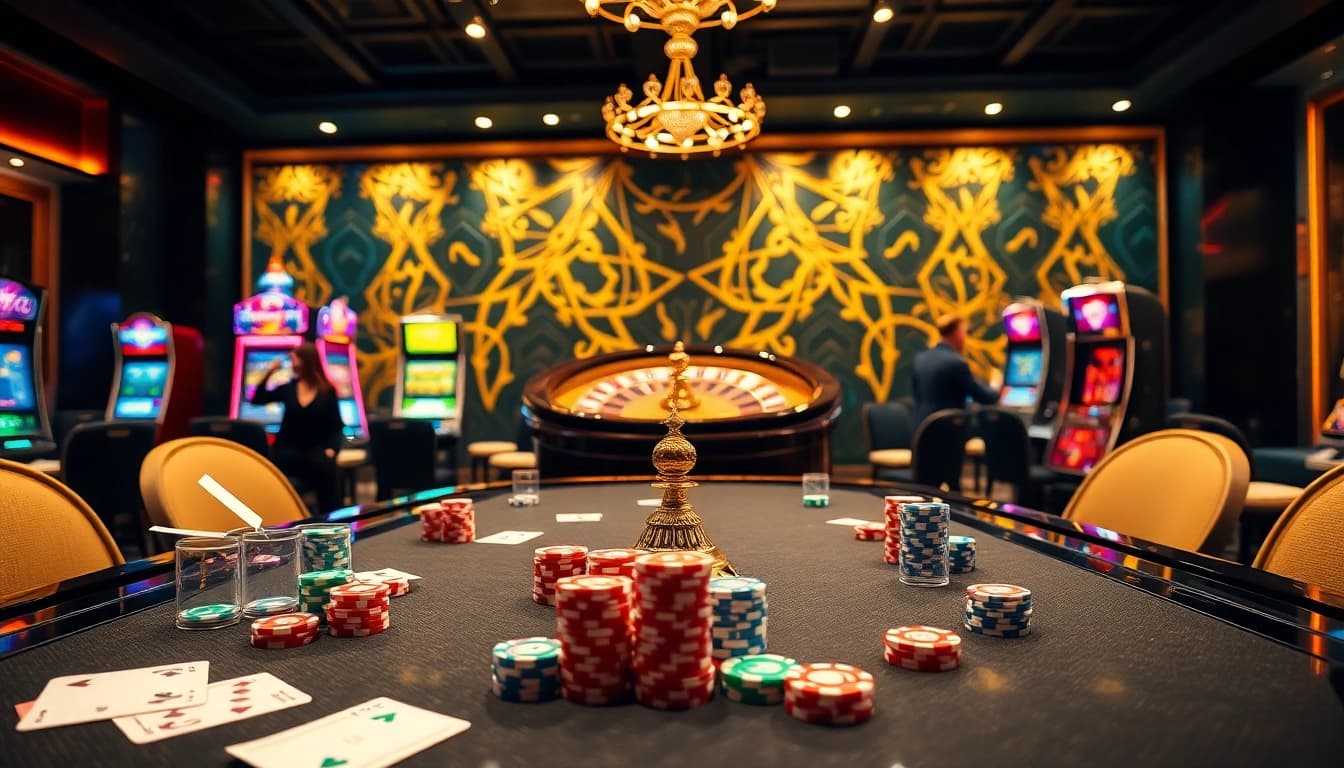 Engaged players at nhà cái fly88 enjoy a vibrant casino atmosphere with poker chips and roulette action.