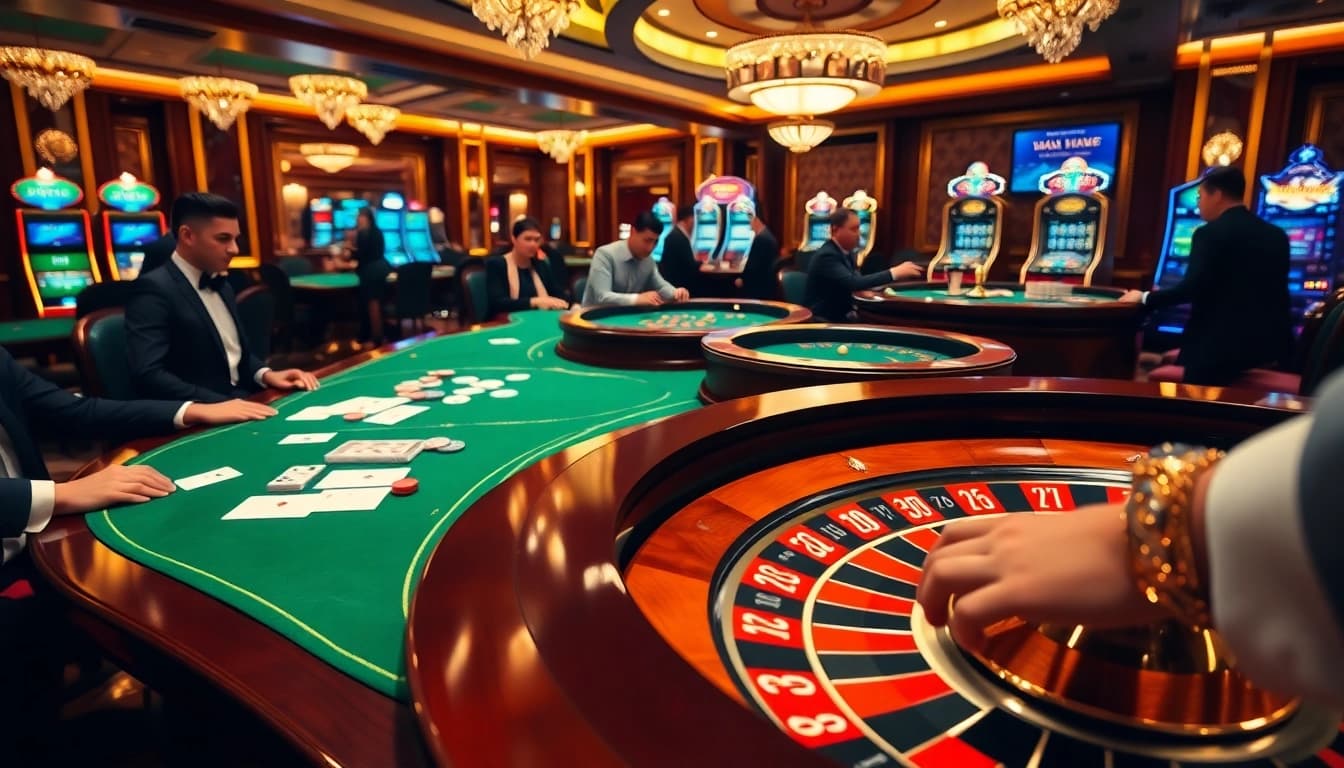 Experience thrilling gameplay at https://da88.navy/ with luxurious poker and roulette tables in a vibrant casino.