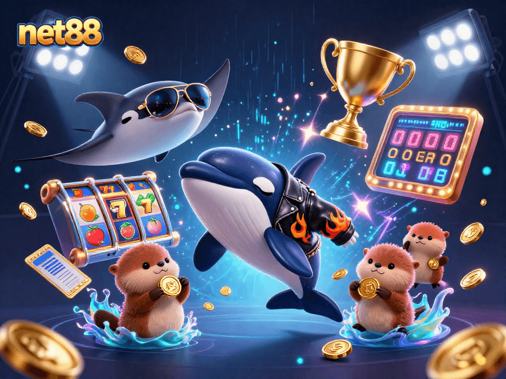 Join the excitement at net88 with vibrant illustrations of a whale, stingray, and otters celebrating wins.
