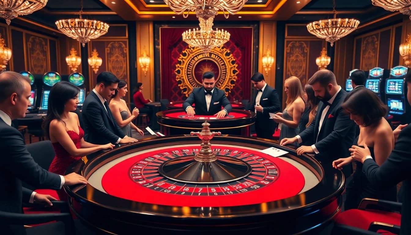 Gamblers enjoying a thrilling roulette experience at F168 casino, highlighting luxury and excitement.
