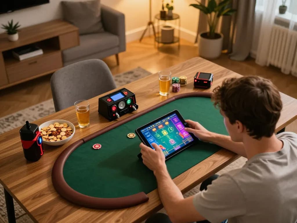 Player engaging with 79sodoe poker game on tablet at home, showcasing a lively gambling experience.