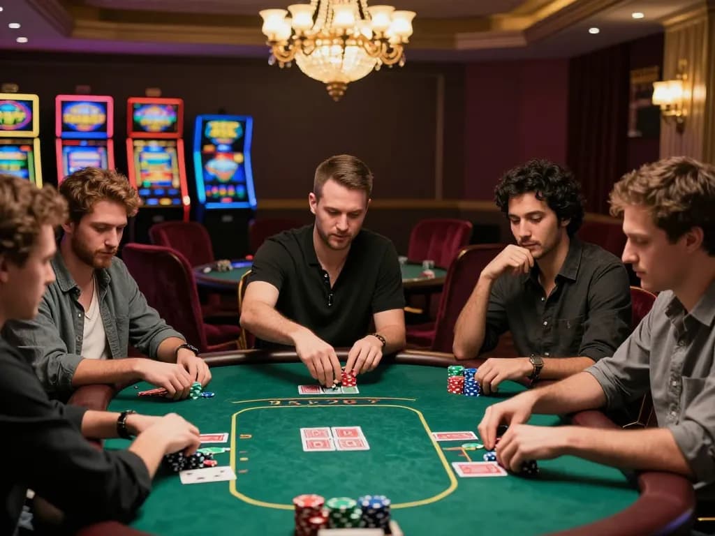 Players engaged in an intense poker game showcasing keonhacai strategies at an elegant casino table.