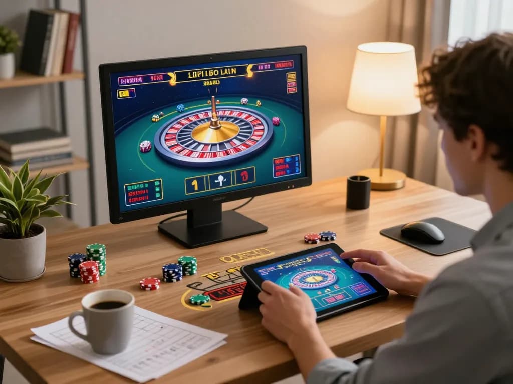 Engaged player at home using 58win tablet for live dealer games, with strategy notes around an inviting setup.