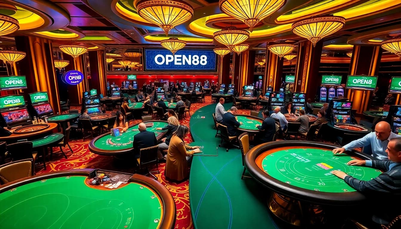 OPEN88 casino scene showcasing exciting player engagement at blackjack and roulette tables