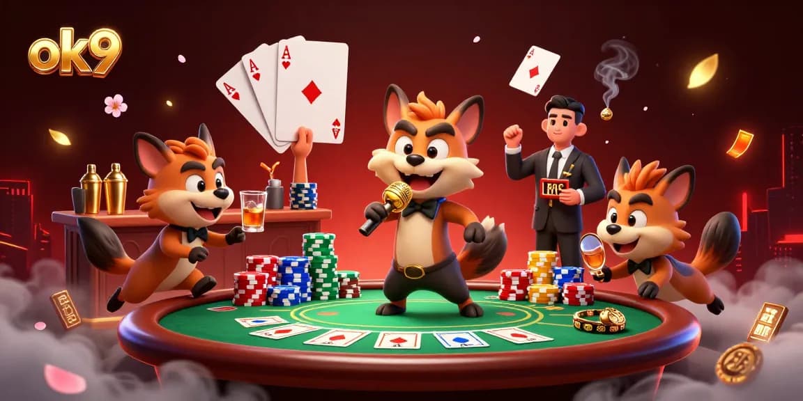 Experience the vibrant world of ok9 with a lively casino scene featuring hyenas as characters, showcasing a stand-up comedian, bartender, and bouncer.