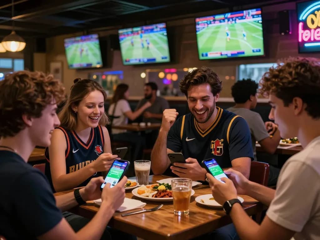 Engaged players using fabet app for live sports betting in a vibrant sports bar.