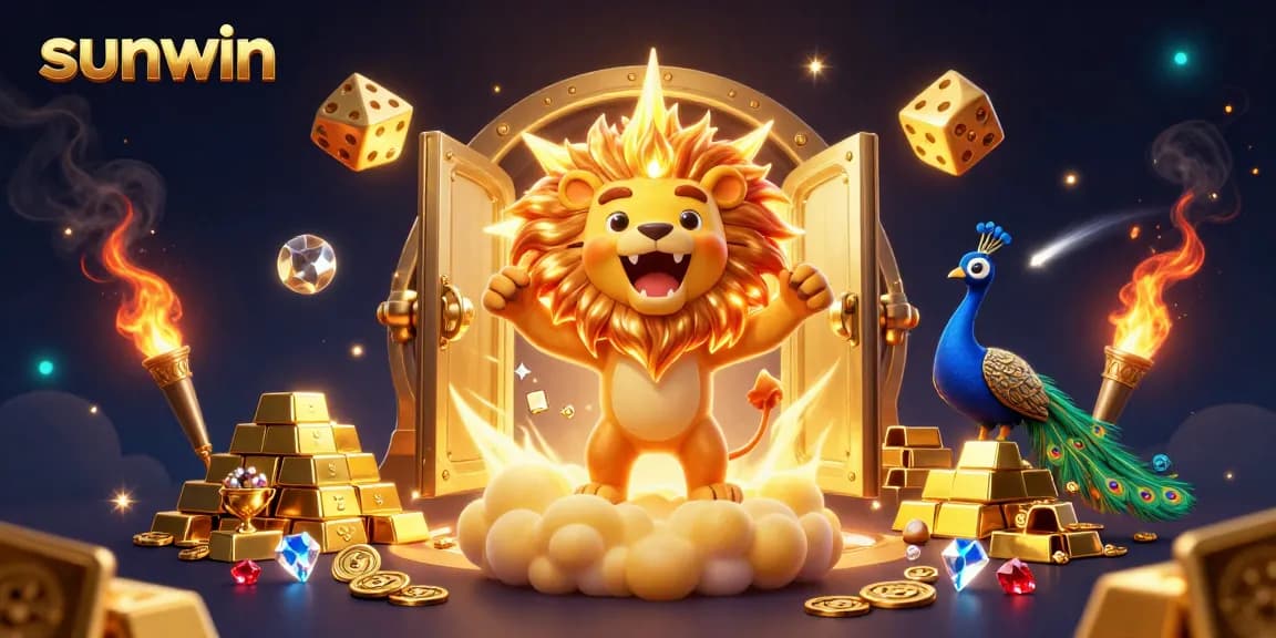 Experience the excitement of sunwin with a vibrant 3D illustration showcasing an elaborate casino scene filled with treasures.