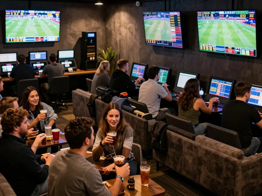 Tỷ lệ kèo nhà cái hôm nay displayed on multiple screens in a lively sports betting lounge.