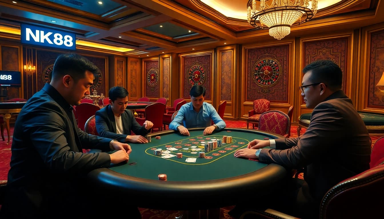 NK88 players strategizing at a high-stakes poker table in an elegant casino.
