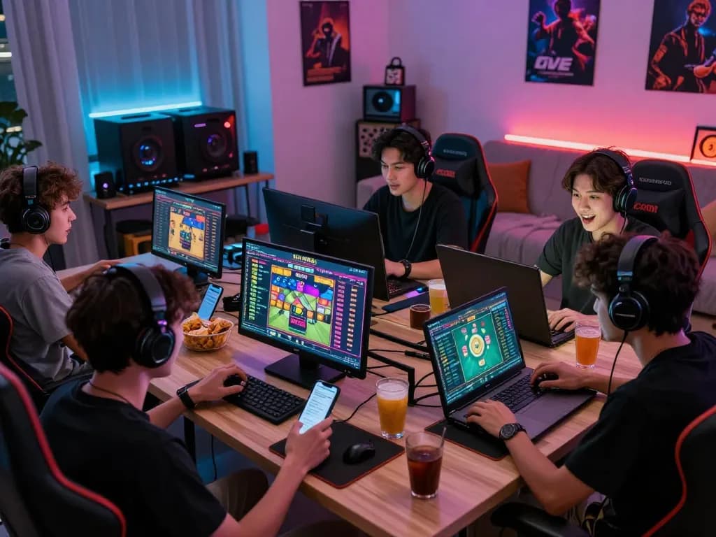 Engaging players participating in lô đề online in a vibrant living room setting, showcasing excitement and modern gaming.