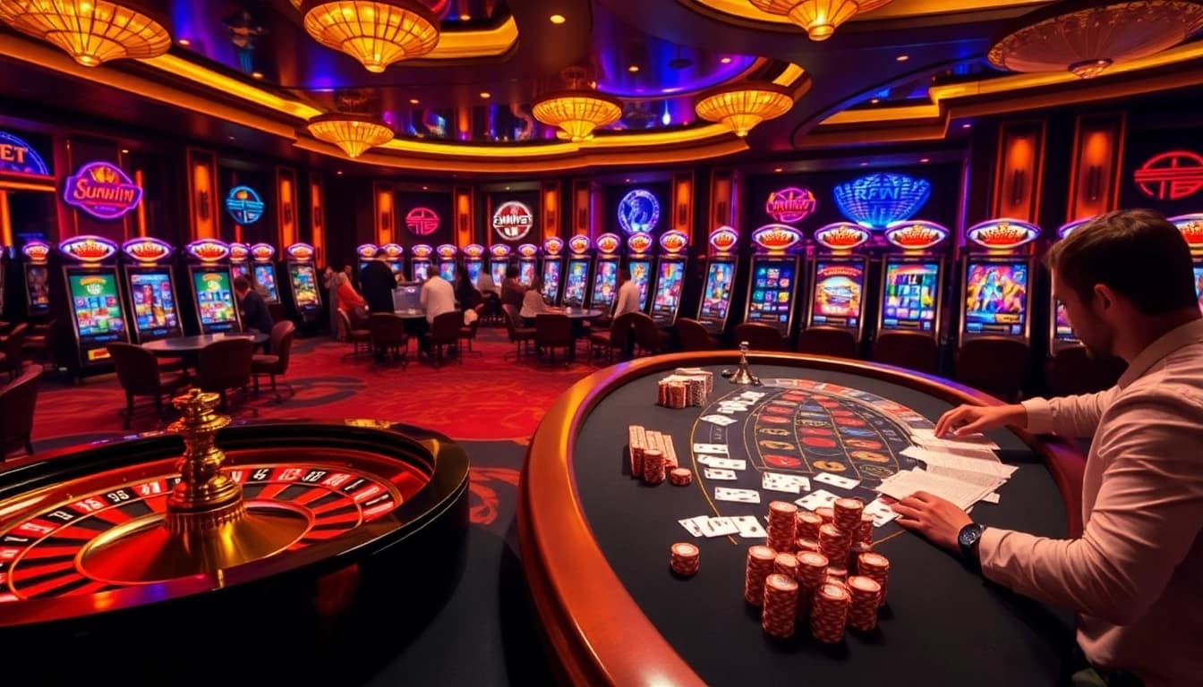 Players enjoying high-stakes games at sunwin casino, featuring roulette and poker tables.