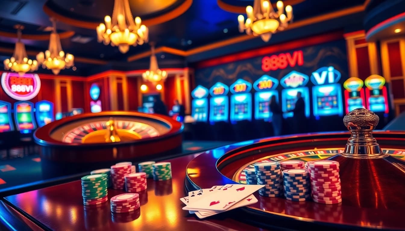 Players enjoying their games at 888VI casino, vibrant chips and cards on a polished table.