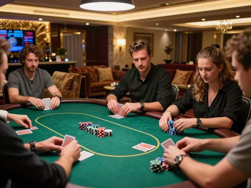 9win players engaged in an exciting poker game, showcasing chips and cards in a luxurious setting.