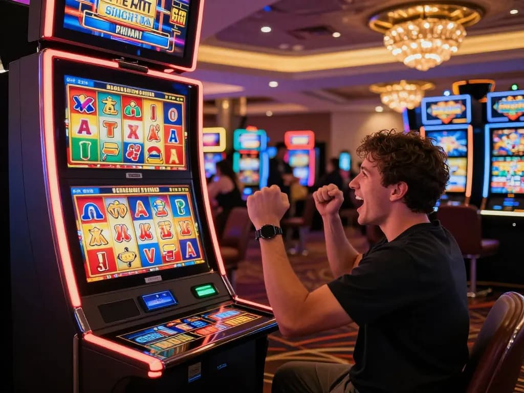 Player celebrating a hitclub win at a slot machine, vibrant colors, joyful casino atmosphere.