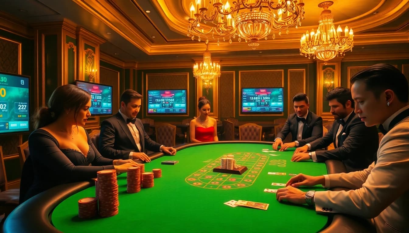 Gamblers at an X88 poker table, vibrant chips, and cards intensifying the excitement of the game.