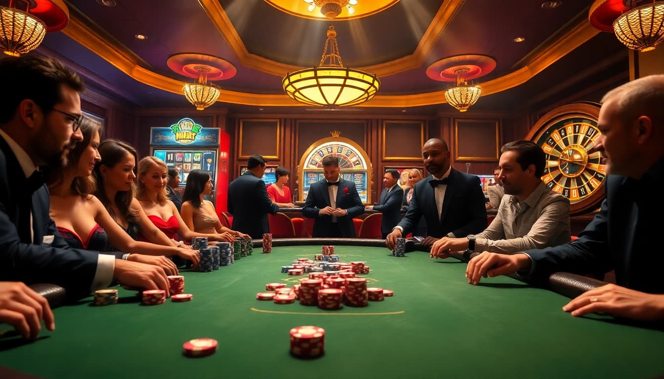 Experience the thrill of sp8 bet at an exciting poker table with glamorous dealers and vibrant casino lights.