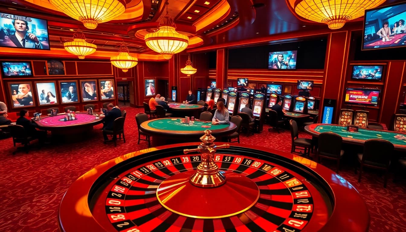 Experience the thrill of gambling at Newphim's high-stakes casino with vibrant casino tables and engaging players.